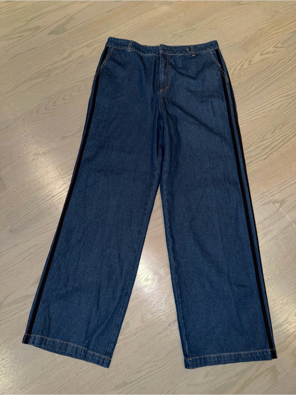 Wayf Dark Blue Relaxed Jeans with Black Side Stripes